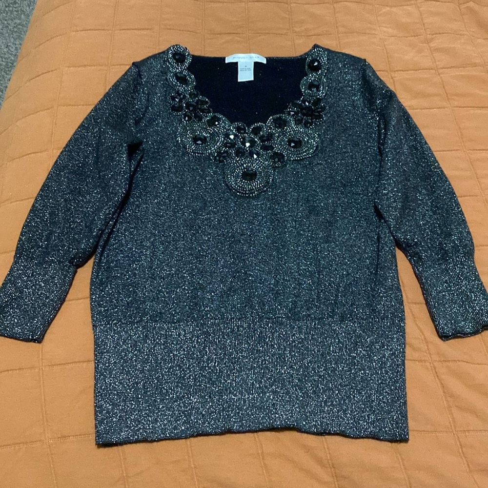 August Silk size Medium 3/4 sleeve blouse V neck shiny accents black color